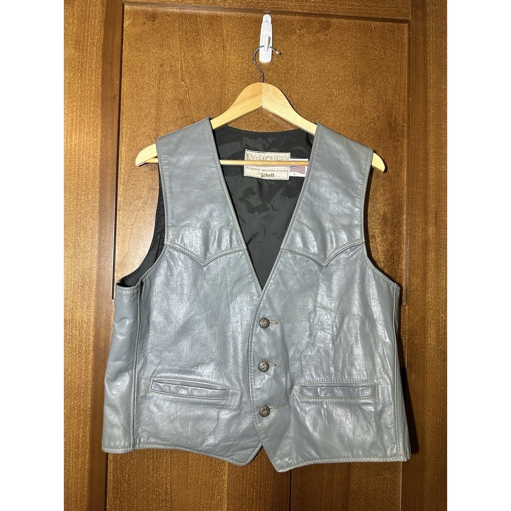 Vintage Schott NYC Rancher Leather Vest Mens L Gray Made USA Western Cowboy